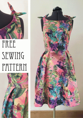 50’s Hawaiian dress with knotted shoulders – free sewing pattern